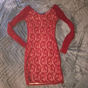 Red lace long sleeve body con dress